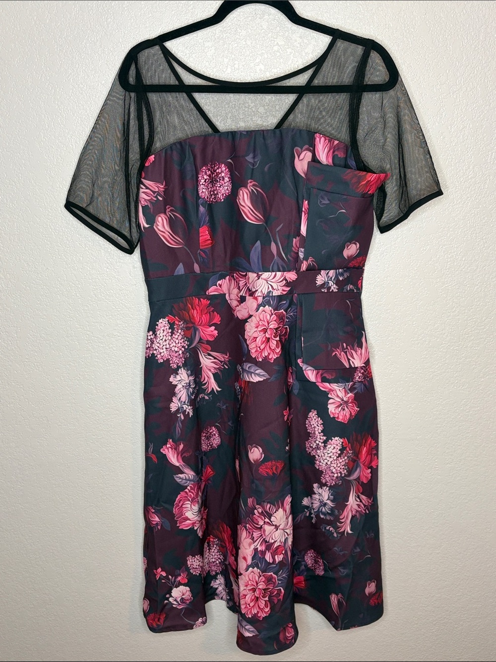 Kay Unger Wine Floral with Black Mesh Sleeves Midi Dress Size 10 Party Evening